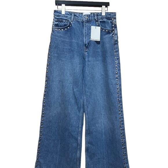 Reformation Blue Wide Leg Studded Jeans